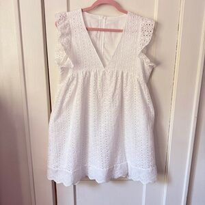 White Eyelet Ruffle-Sleeve Romper Dress Size L